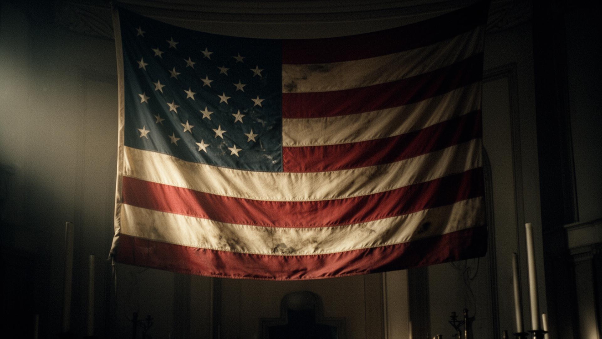 A weathered American flag draped in a solemn hall