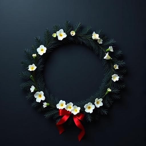 A memorial wreath of pine and white flowers